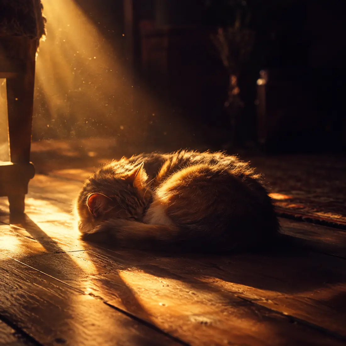 Un chat endormi dans un rayon de soleil, sur un parquet ancien