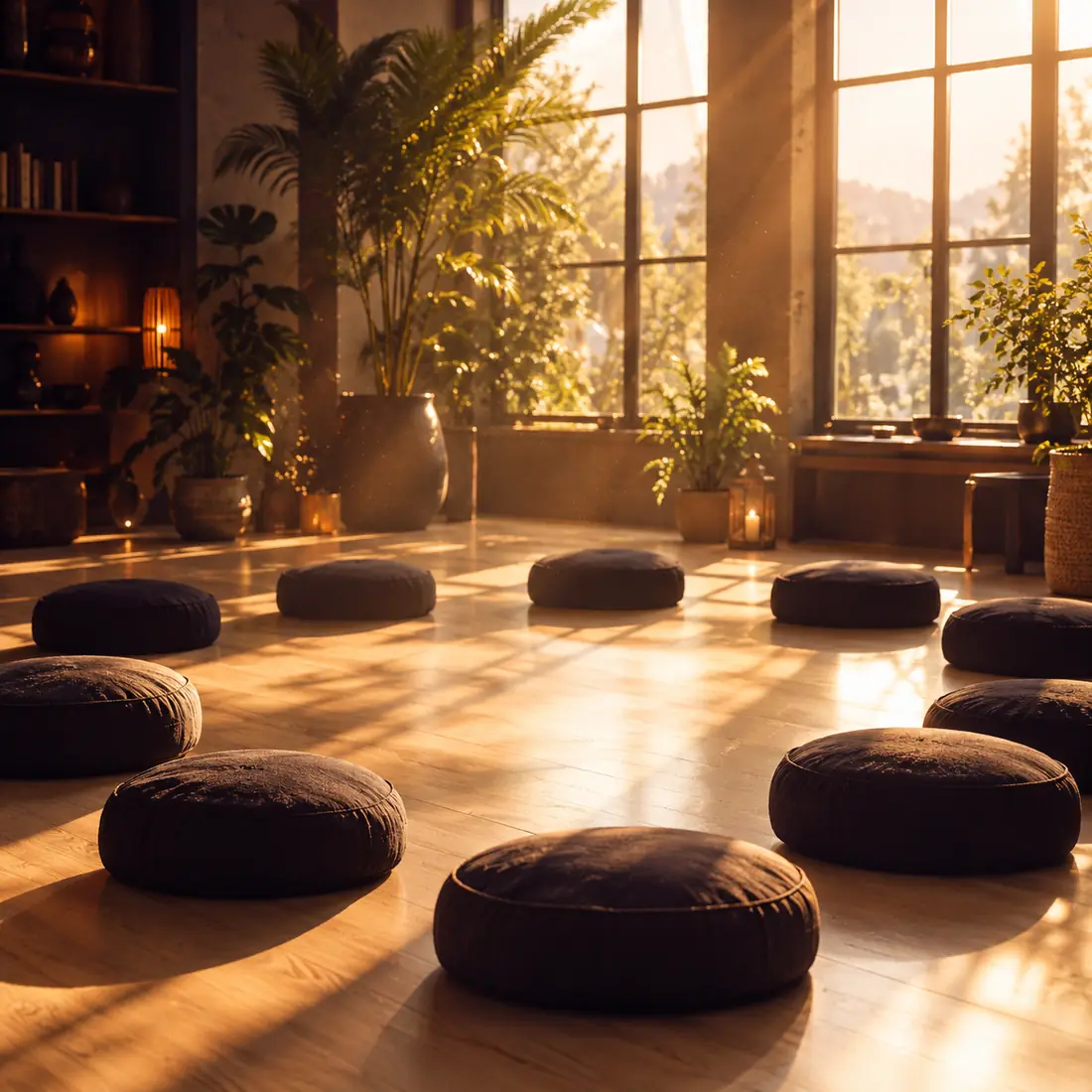 Des coussins disposés en cercle dans une salle lumineuse, prêts pour une équipe