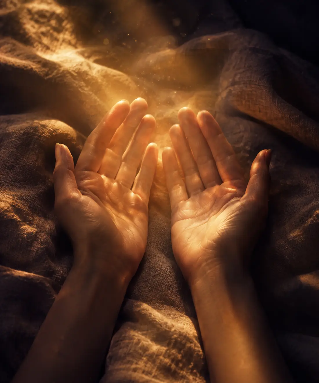 Deux mains ouvertes, paumes vers le ciel, dans la lumière du soir