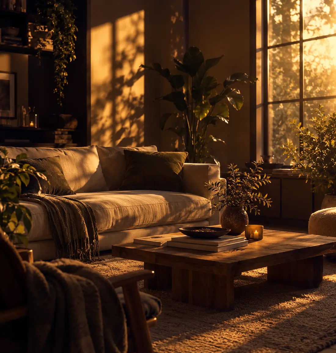 Un salon baigné de lumière dorée, des plantes, un calme
