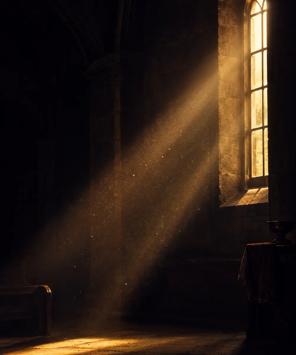 Un rai de lumière traverse une fenêtre en arche, dans la pénombre