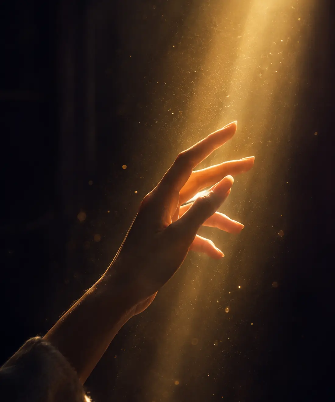 Une main tendue vers un rai de lumière dorée, dans la pénombre
